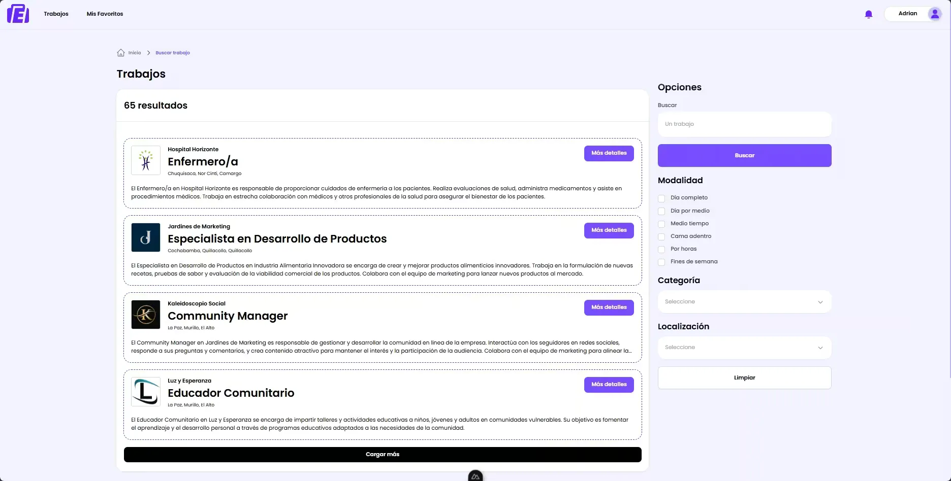 Job listings with options in the sidebar