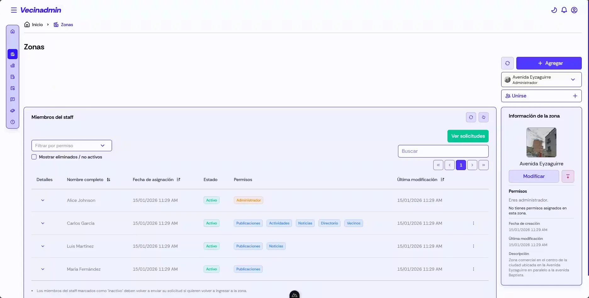 Staff management by zone in Vecinadmin