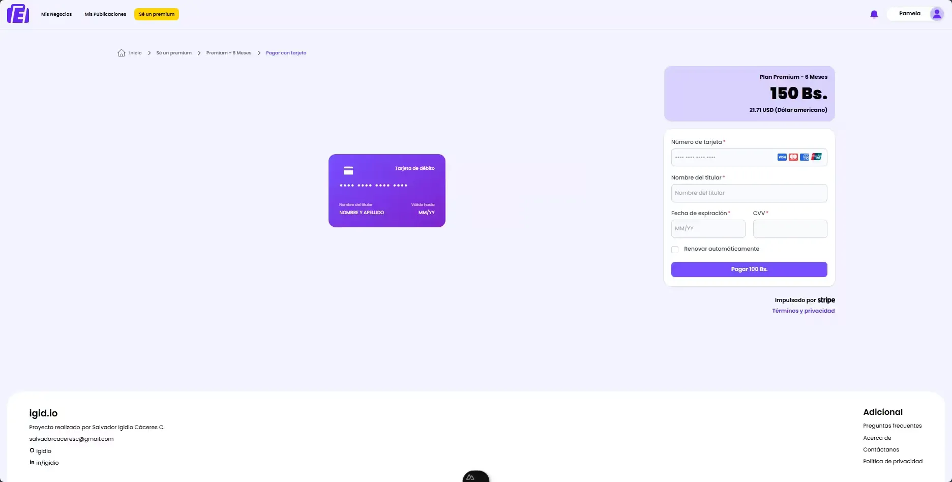 Payment form with card fields and plan summary