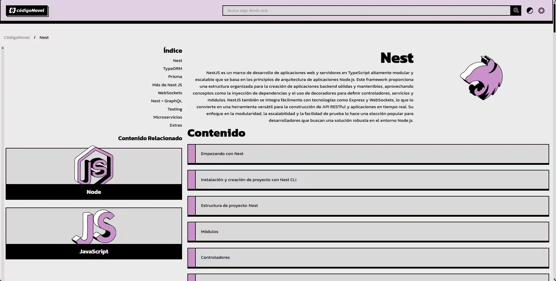 'NestJS' section in CodigoNovel