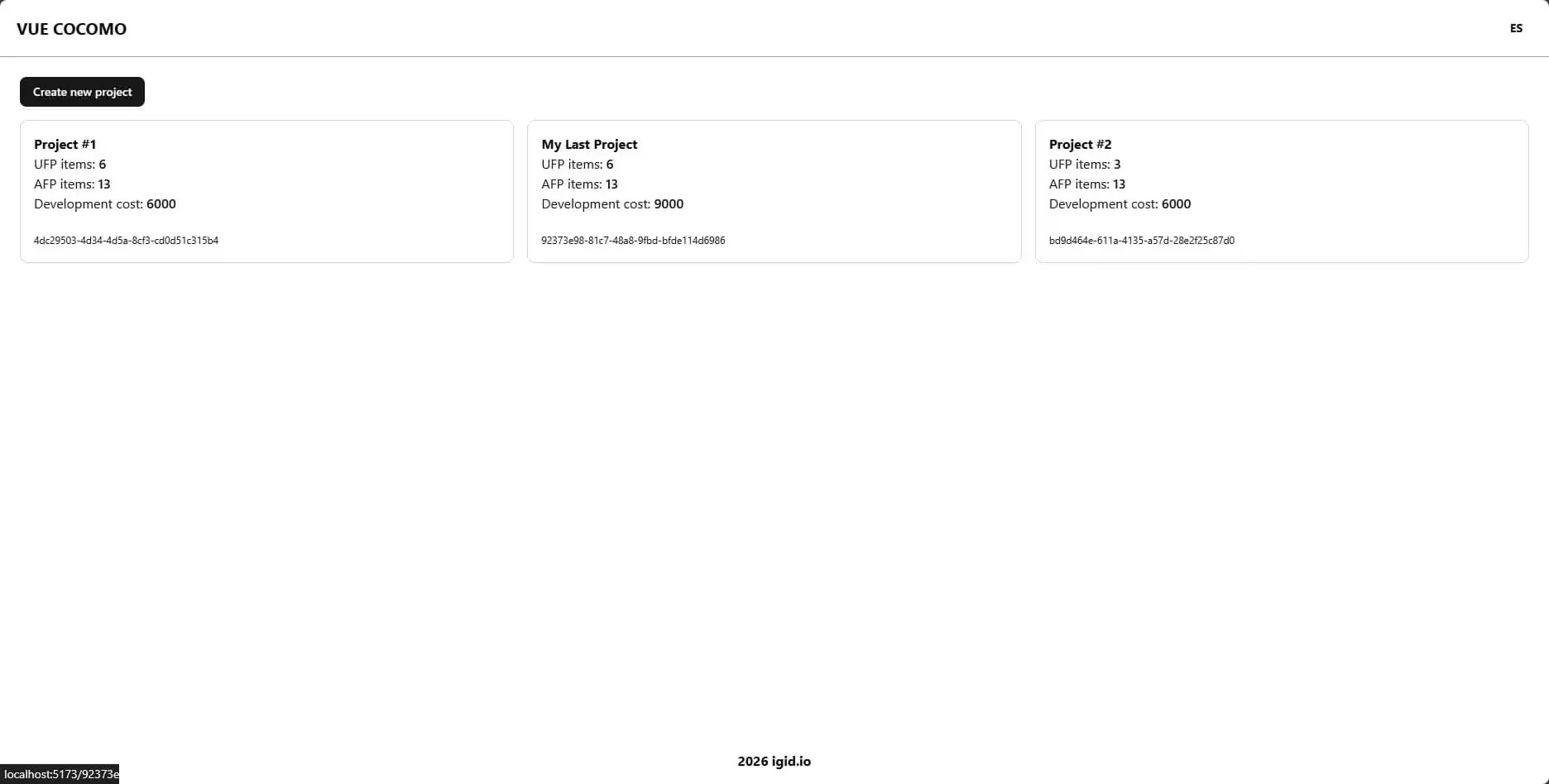 View of selecting projects stored in IndexedDB