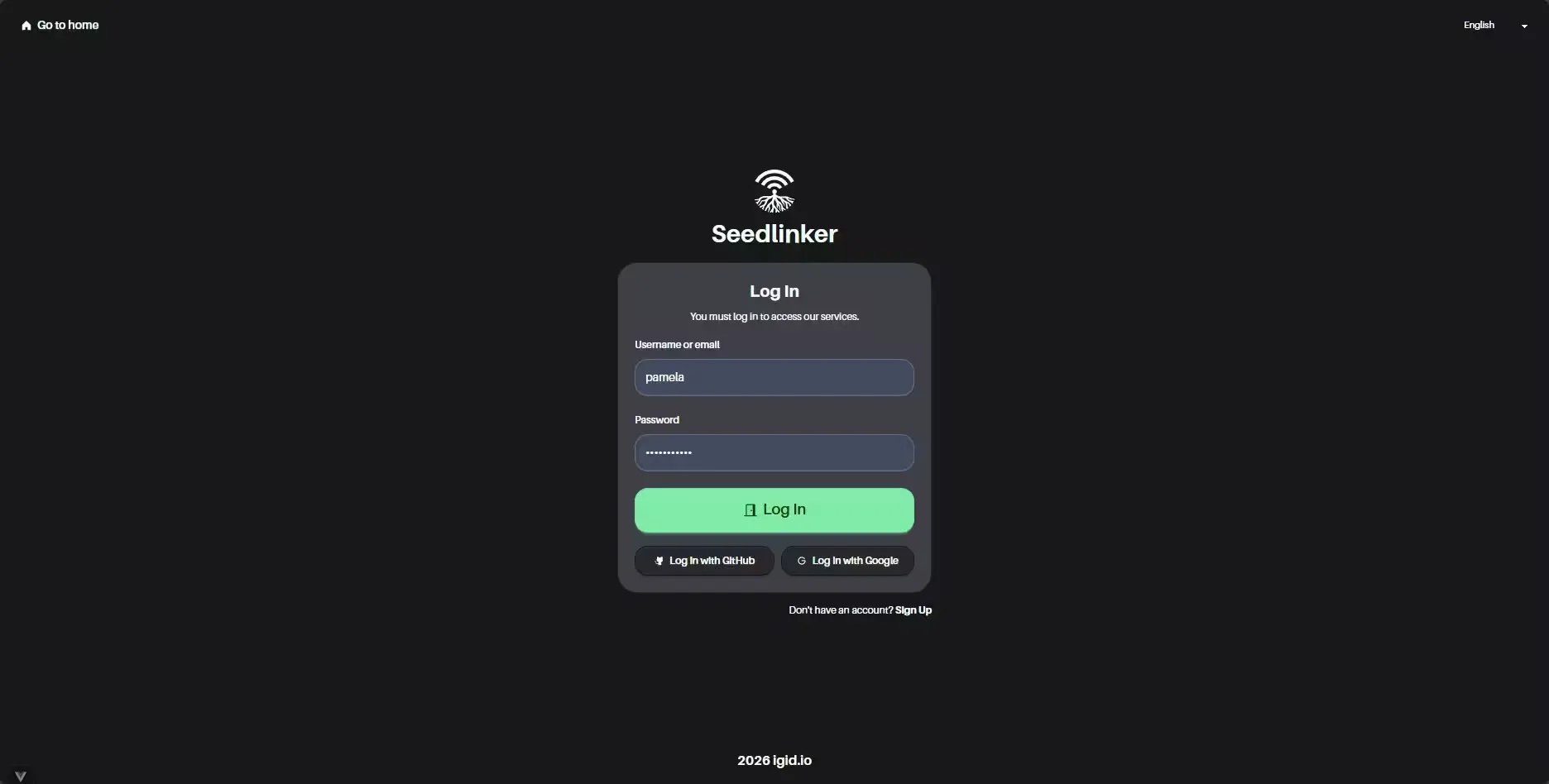 Seedlinker Web login (dark mode)