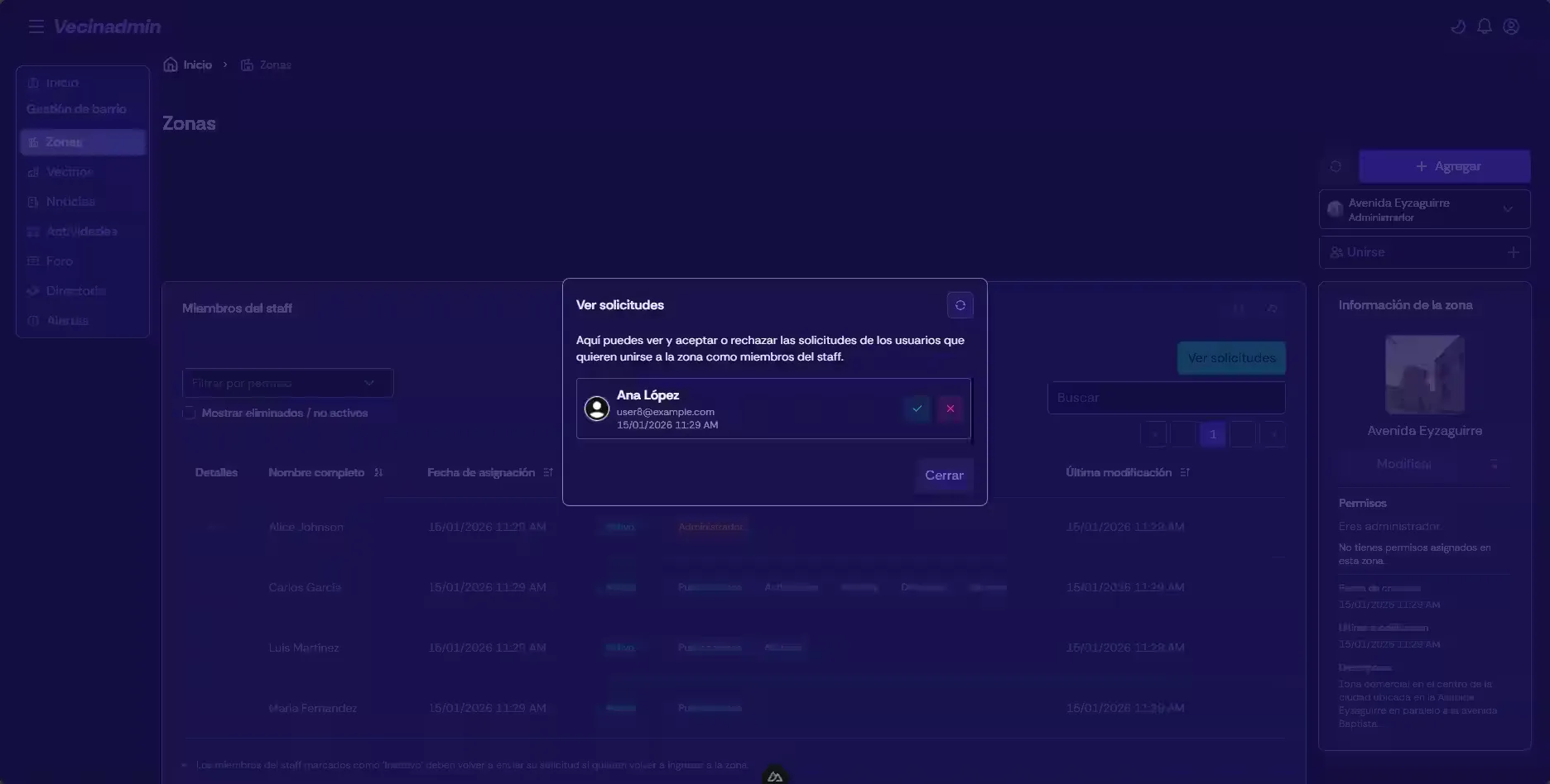 Staff membership requests management in dark mode