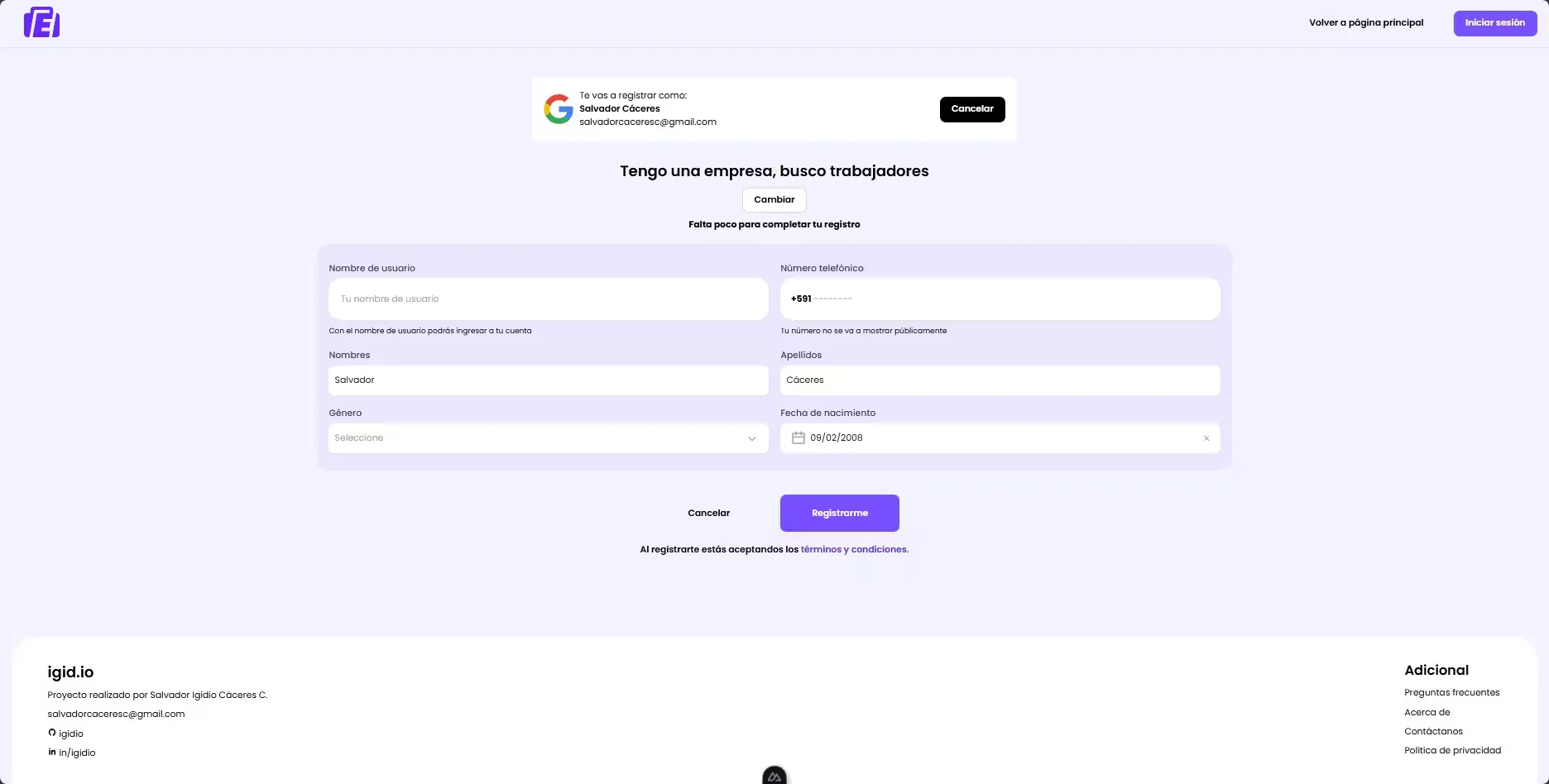 Registration form with Google sign-in and personal fields
