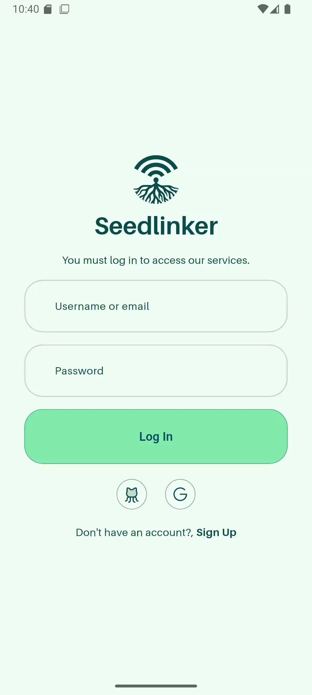 Seedlinker Android App login screen